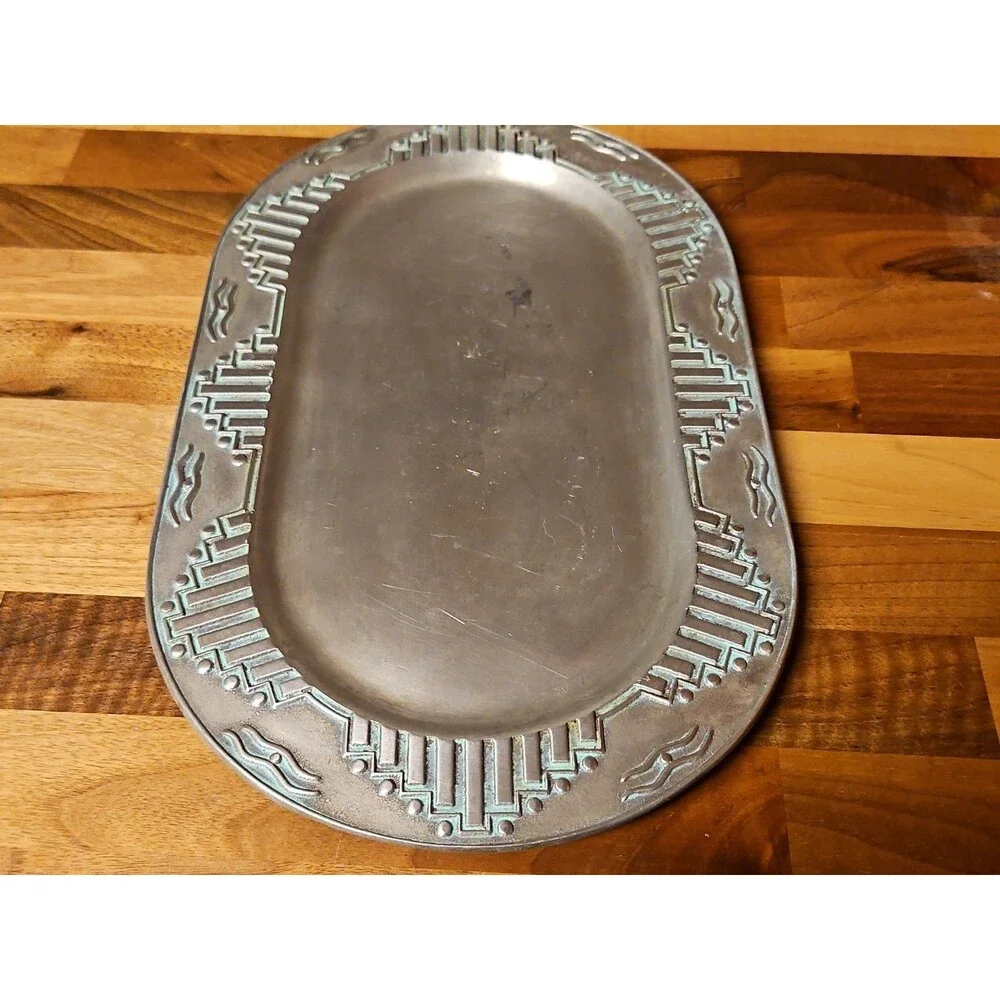 Vintage Wilton Armetale Zia Turquoise Southwestern Oval Serving Platter  12”